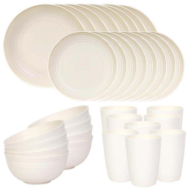 Quatish 32 Piece Plates and Bowls Sets for 8, Unbreakable Dinnerware Sets, Dish Set for Camping, Dishwasher Microwave Safe, Outdoor Kitchen and Apartment Dinning RV Essentials, Beige
