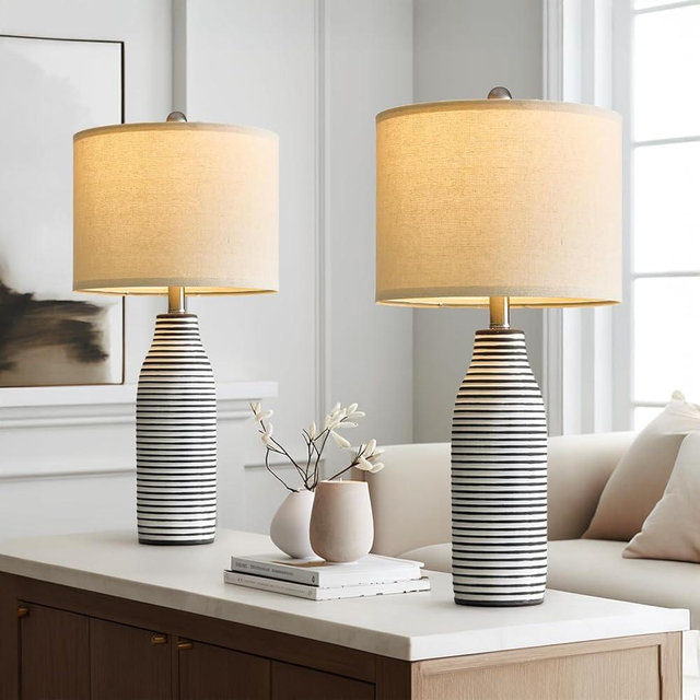 USumkky 25" Ceramic Table Lamps Set of 2 Beside Lamps for Living Room Modern Bedroom Lamps for Night Stands with Rotary Switch Black and White Stripes