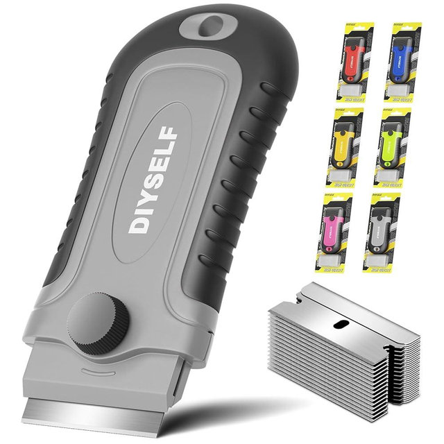 DIYSELF Razor Blade Scraper, 1 Pack Razor Scraper with 15 Razor Blades, Ergonomic Handle, Scraper for Cleaning Glass Stove Top, Windows, Razor Scraper Tool for Oven Door, Cooktop