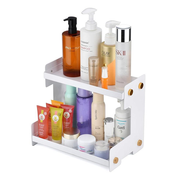 FFK 2 Tier Bathroom Countertop Organizer, SUS 304 Stainless Steel Storage Shelf for Cosmetic Organizer, Ideal for Cabinet, Countertop, Pantry, and Desktop, Office, White