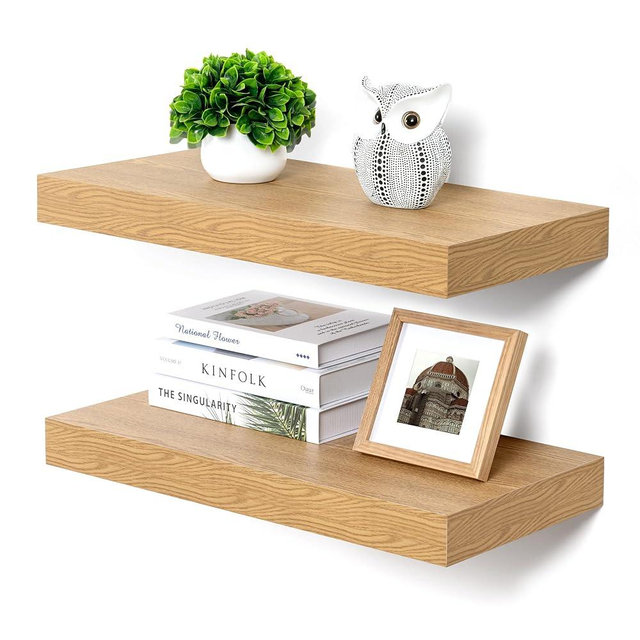 FLYJOE Deep Floating Shelves, 12 Inch Deep Rustic Floating Shelves Set of 2, 24 Inch Large Oak Wood Wall Mounted Shelves for Books Living Room Laundry Room Bedroom Kitchen Home Office - Oak