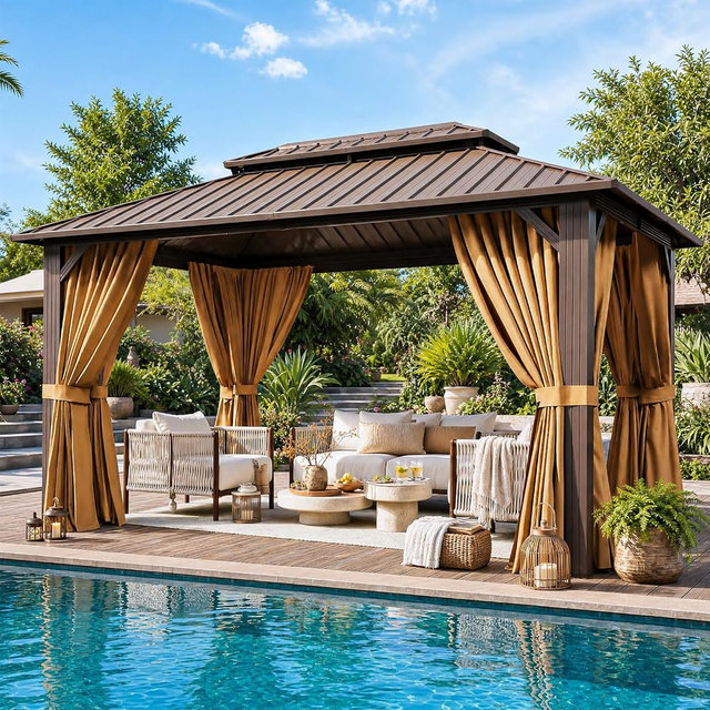 Breezestival 10x12FT Hardtop Gazebo Brown | Permanent Outdoor Pergola with Double Galvanized Steel Roof and Curtains and Netting for Backyard, Patio, Lawn and Garden