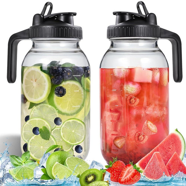 SCIDEA Glass Pitchers with Lid, Set of 2, Wide Mouth Water Jugs 64OZ Leak-Proof Airtight Mason Jars for Cold Brew Coffee, Iced tea, Milk, Food Storage, Sun Tea Jar., Black