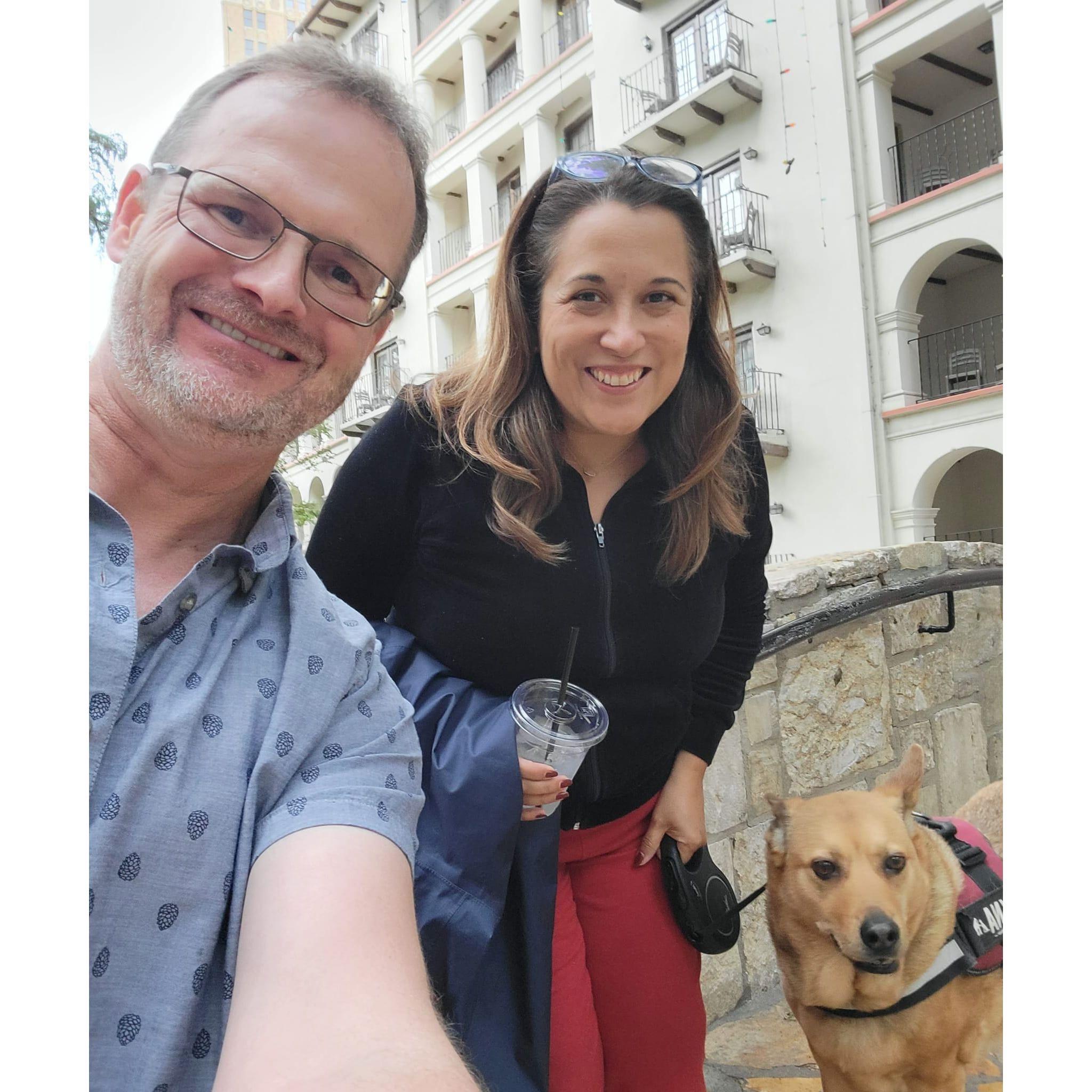 Walking with our favorite dog, Kyna in the San Antonio River Walk.