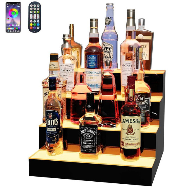 MESAlLUP Acrylic 16 Inch 4 Tier High Light LED Detachable Liquor Bottle Display Shelf with Remote Control, Mulit Color Lighting for Home Mini Bar, Restaurants & Party Use(Without Power Bank)