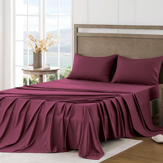FreshCulture Queen Sheet Set - Ultra Soft Sheets for Queen Size Bed - Brushed Microfiber - Deep Pockets - Easy Care - Cooling & Breathable - 4 Pieces Hotel Luxury Queen Bed Sheets (Burgundy)