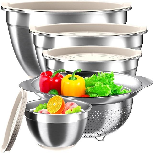 Mixing Bowls with Airtight Lids Set, 4 Stainless Steel Bowls Nesting Bowls & Colander, Kitchen Organizers and Storage Non-Slip Bottom, Size 1.5/2.0/2.5/4.0QT, Great for Mixing & Serving, Khaki