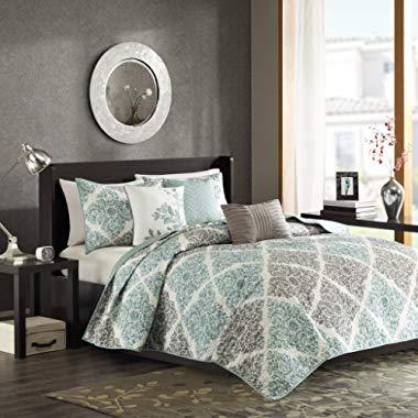 Madison Park Claire Leaf Geometric – 6 Piece Ultra Soft Microfiber Bed Quilted Coverlet, King/Cal King, Aqua
