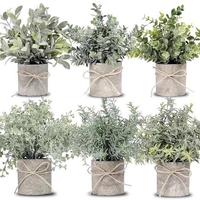JC nateva Set of 6 Packs Mini Potted Fake Plants Faux Eucalyptus Plants Artificial Plants for Home Decor Indoor