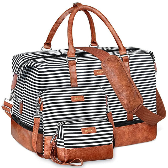 Weekender Bag for Women Canvas Overnight Bag Large Travel Bag Carry on Weekend Duffle Bag with Shoe Compartment Fit 21.5" Laptop, Perfect for Travel/Business/Gift (Black Strips)