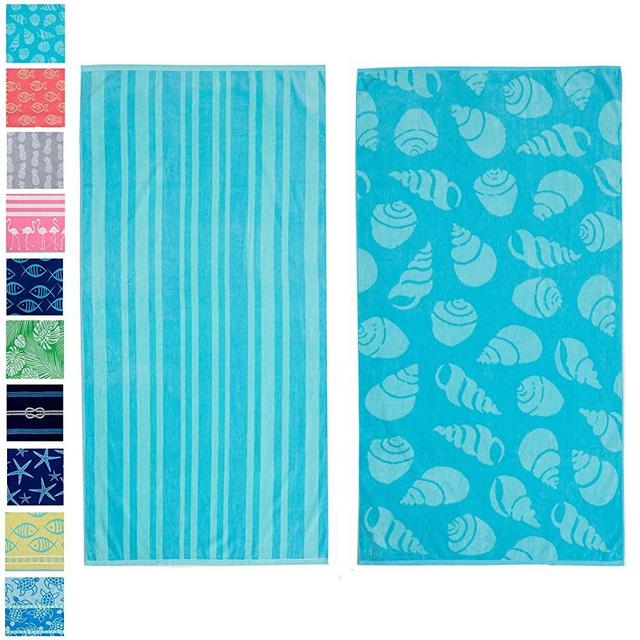 Great Bay Home 2 Pack Plush Green Shell & Stripe Print Beach Towels. 100% Cotton Nautical  Beach Towels, Large Pool Towels. Maui Collection (30”x60”)