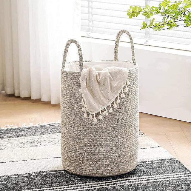60L Woven Cotton Rope Hamper, Collapsible Laundry Basket with Handles, Tall Blanket Storage Bin for Clothes, Towels, Toys in Bedroom, Living Room, Nursery, Dorm - Brown