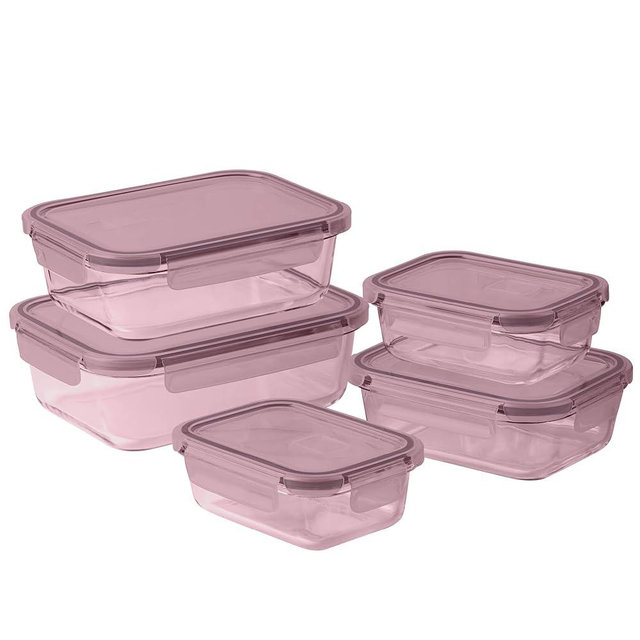 COOK WITH COLOR Premium 10-Pc. Colored Glass Food Container Set - 5 Rectangles - Leakproof Lids - Meal Prep, Storage, Pink