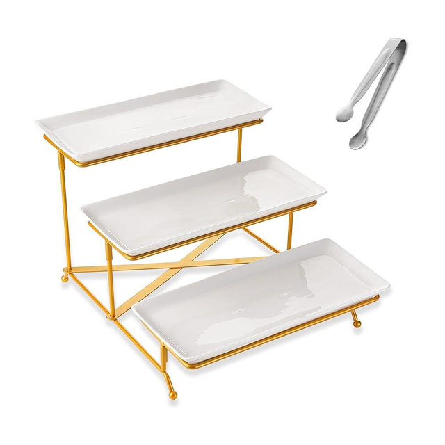 YOLIFE 3 Tier Seving Tray for Party, Display Fruit Dessert Tiered Tray Stand, 12 inch White Platters with Collapsible Sturdier Gold Iron Rack