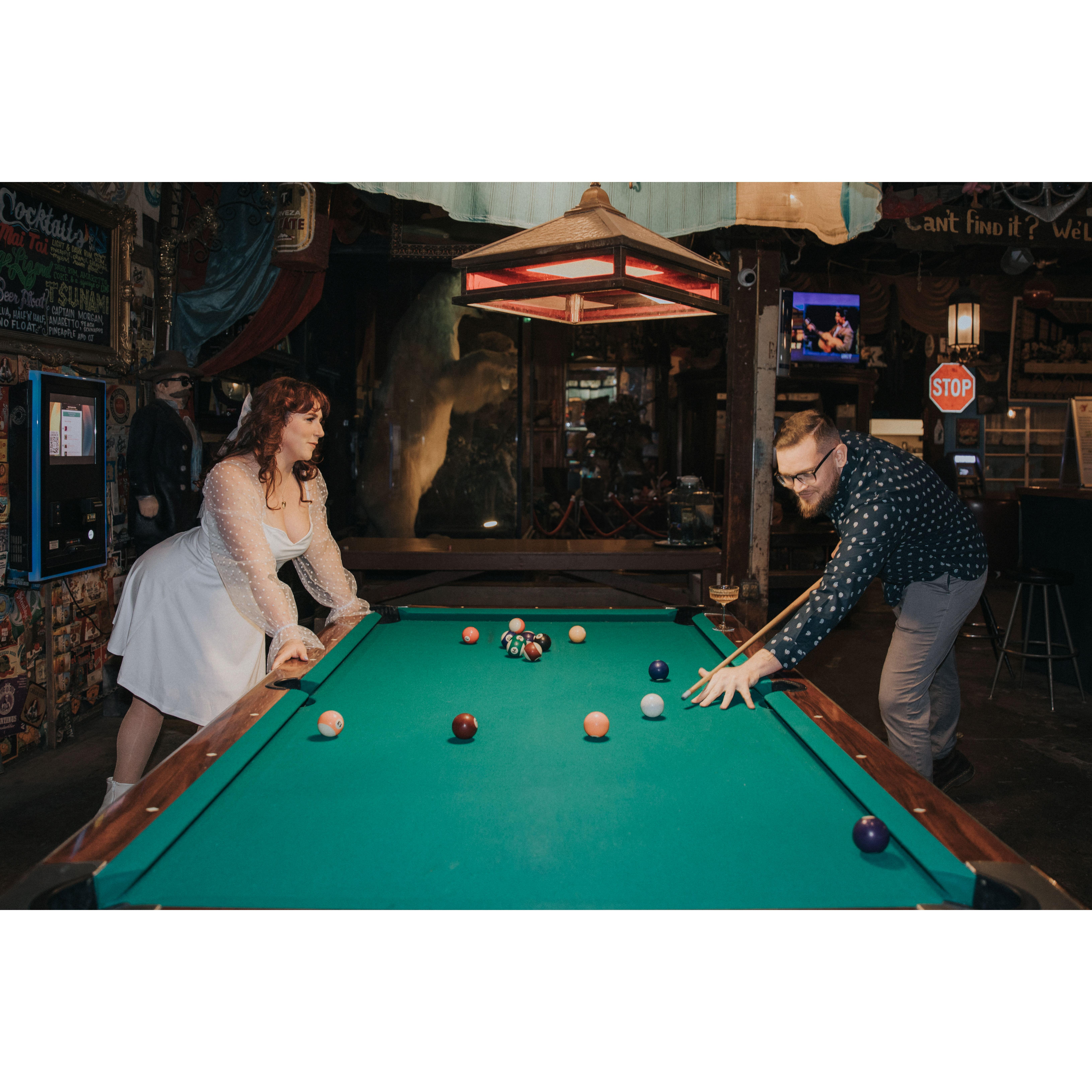 On our first date, we played pool. From there it was history!