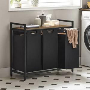 VASAGLE Laundry Hamper Laundry Basket 3 x 10 Gallons (38L) with Shelf 3 Pull-Out and Removable Bags Rustic Brown and Black