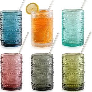 KMIGRUAN 15oz Colored Hobnail Drinking Glasses Set of 6,Vintage Kitchen Glassware, Embossed Beaded Glass Cups,Water Tumbler for Cocktail,Juice and Various Mixed Drinks