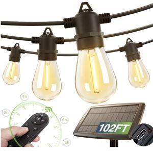 addlon 102FT(96+6) Solar String Lights Outdoor Waterproof with USB Charging & Remote Control - Dimmable Solar Power Patio Lights with LED Bulbs for Porch, Garden, Yard, Market, Bistro - Lasts 20+ Hrs