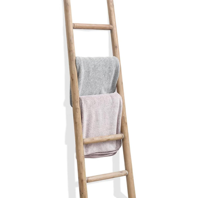 FUIN 57in Wood Blanket Ladder Living Room Decorative Wall Leaning Farmhouse Quilt Display Holder Rustic Wooden Towel Rack for Bathroom, Brown
