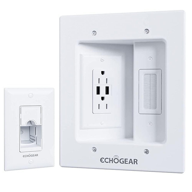 ECHOGEAR in Wall Cable Concealer Kit With 2x AC Outlets & 2x USB-A Ports - Hide TV Power Cables & Low Voltage Wires Behind The Wall - Includes Template, Saw, & Low Profile Extension Cord - White