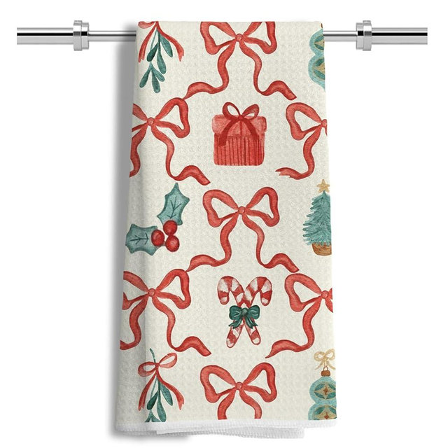 LUKIPOM Christmas Kitchen Towels,Red and Green Christmas Bow Tree Candy Canes Decorative Dish Towels Tea Towels for Kitchen,Christmas Hand Towels for Bathroom,Christmas Bathroom Decor,16x24 Inches