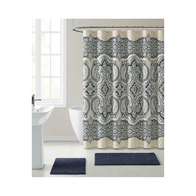 Kate Aurora French Chateau Paisley Chic Premium Fabric Shower Curtain - Navy