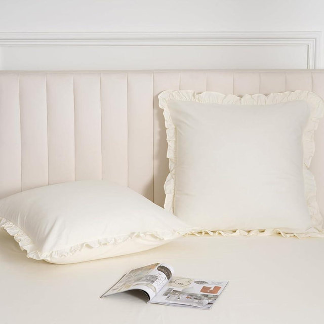 100% Washed Cotton Euro Shams with Ruffle, 2 Pack 26" x 26" Cotton Euro Sham Pillow Covers, No Insert, Ultra Soft Decorative Farmhouse Bedding for Bed Sofa, Cannoli Cream