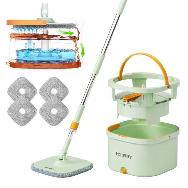 HoMettler Mop and Bucket Set with 4 Microfibra Replaceable Mop Pads Self Separation Dirty and Clean Water System Self Wringing 360° Rotating Square Mop-Head for Home & Kitchen Hardwood, Wood
