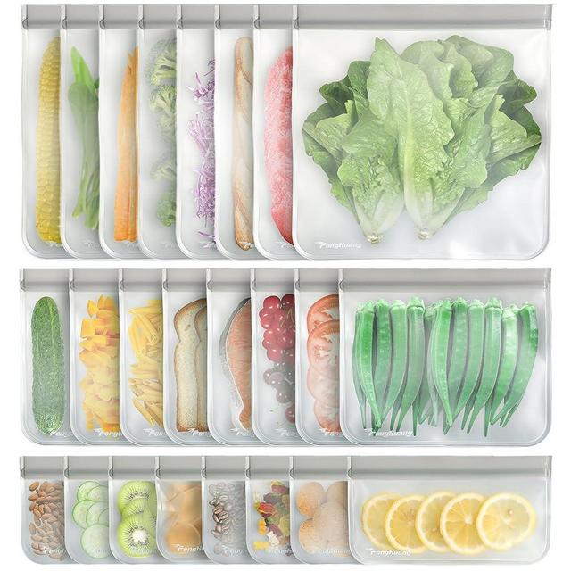24 Reusable Food Storage Bags, Freezer Bags with Pack BPA FREE (8 Reusable Gallon Bags+8 Leakproof Reusable Sandwich Bags+8 Food Grade Snack Bags) EXTRA THICK Reusbale Lunch Bag for Salad Fruit (Gray)