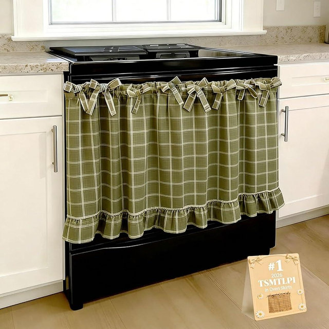 TSMTLPI Handmade Farmhouse Oven Skirt,Handmade Oven Skirts Curtain Cover,Heat-Resistant Rustic Ruffled Ribbon Tie Ovens Skirt,Effortless Install,Hide Clutter,for Stove Washer,Tabs & Ruffled Trim