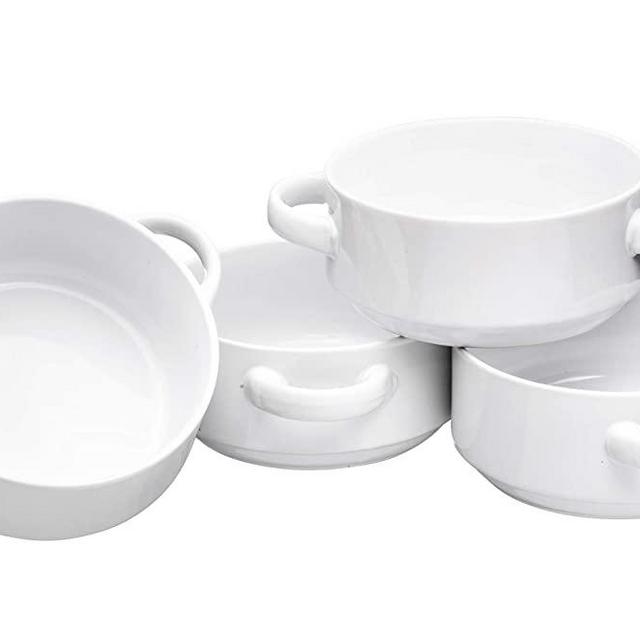 Porcelain French Onion Soup Bowls - Exclusive classic and elegant design with handle set of 4, white