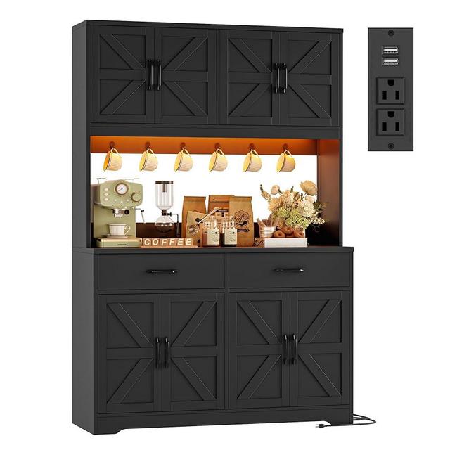 HIFIT 71" Tall Kitchen Pantry Cabinet with LED Lights and Charging Station, Farmhouse Pantry Storage Cabinet with Large Countertop, 47.2" W Kitchen Hutch Coffee Bar with 6 Hooks and Barn Doors, Black