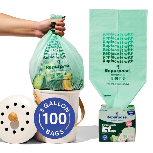 Repurpose 3 Gallon Compostable Small Bin Trash Bags, 100 Bags, BPI Certified, Leak-Proof, FDA Approved, Recyclable Packaging