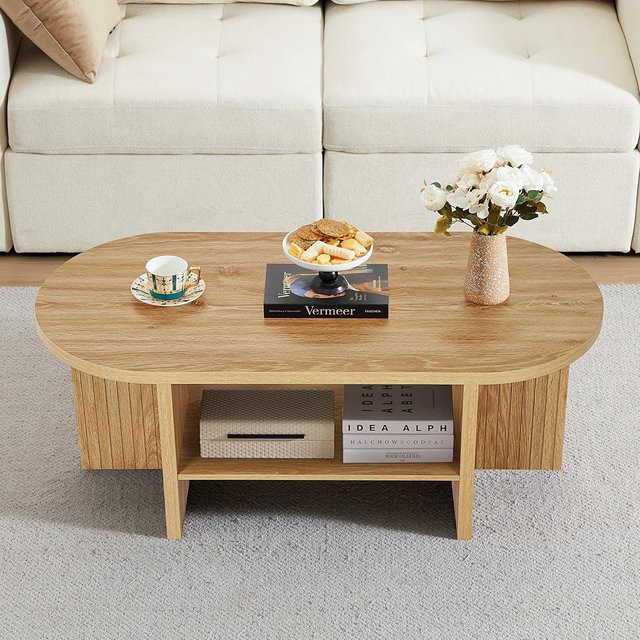 XUZENEST 43.3" Coffee Table with Storage, Oval Coffee Tables for Living Room, Farmhouse Fluted Coffee Table with Large Storage Shelf, Wood Center Table for Small Space, Natural