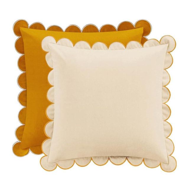 MONDAY MOOSE Decorative Throw Pillow Covers Cushion Cases, Set of 2 Soft Velvet Scalloped Round Edge Designs, Mix and Match for Home Decor, Pillow Inserts Not Included (20x20 inch, Honey/Cream)