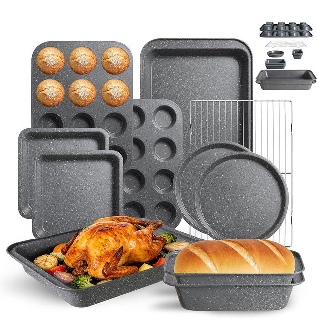 11-Piece Nonstick Baking Pans Set - Professional Grade Carbon Steel Bakeware with Premium Coating- Dishwasher Safe, Stackable, Oven Safe to 450°F (Steel Gray)