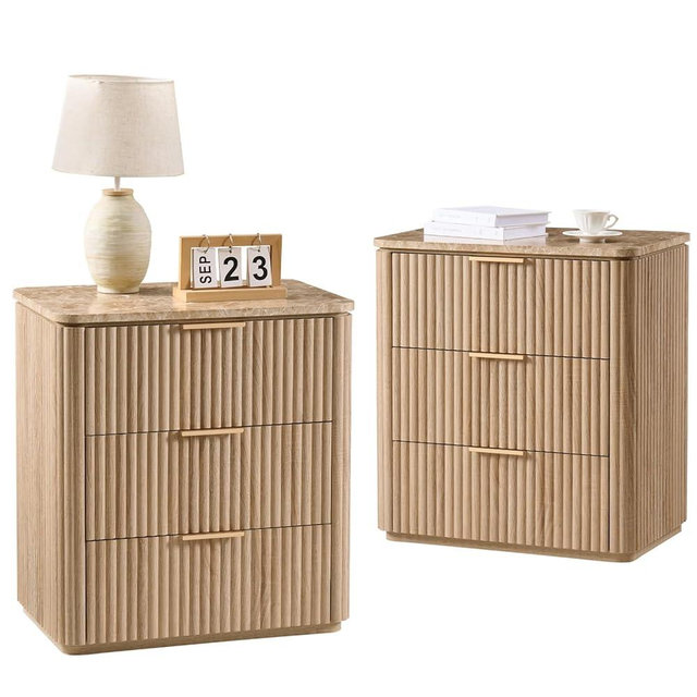 Fluted Nightstand Set of 2, Engineered Wood Bedside Table with 3 Drawers, Modern End Table with Faux Marble-Top, Curved Corners, Metal Handle, Large Night Stand for Bedroom, Office, Closet Natural Oak