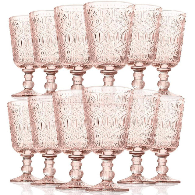 Rtteri 12 Pcs Vintage Glass Goblet Stemmed Wine Glasses Bulks 10 oz Wine Glasses Set High Clear Wine Glass Glassware for Juice Liquor Party Wedding Bars Restaurants Romantic Embossed, Flesh Pink
