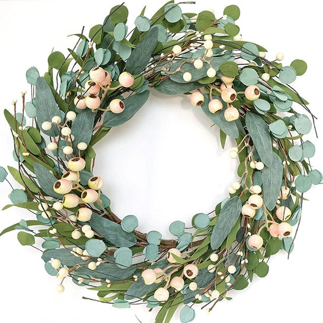 Bibelot 20inch Artificial Eucalyptus Wreath Green Leaves Wreath White Berry Big Berries Wreath for Front Door All Seasons Wreath Year Round Decor Home Decor