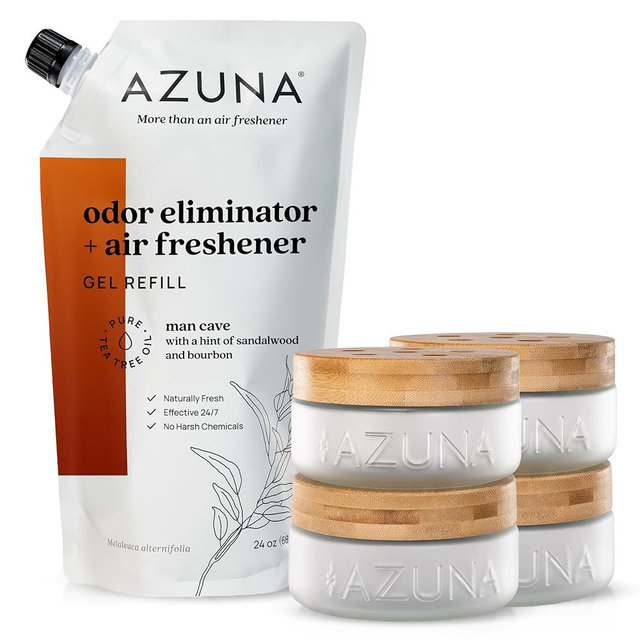 Azuna Air Freshener & Odor Eliminator for Strong Odor | 4 Room Kit Includes (4) Empty Luxe Glass Jars & 24oz Gel Refill with Tea Tree Essential Oil | Sandalwood Scent | Last 60-90 Days
