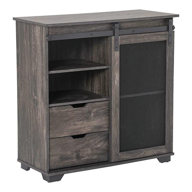 HOMCOM Industrial Freestanding Sideboard Buffet with 2 Drawers, 2 Shelves & Metal Mesh Door, Dark Brown/Black