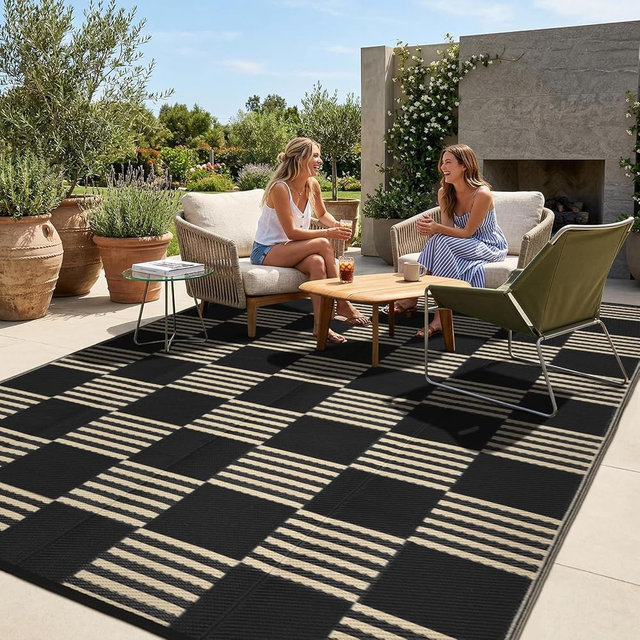 Garvee Waterproof Outdoor Rug 10x14, Checkered Foldable Plastic Straw Patio Camping Rug, Outdoor RV Carpet for Deck Camper Porch Balcony Backyard Picnic Beach Black and Brown