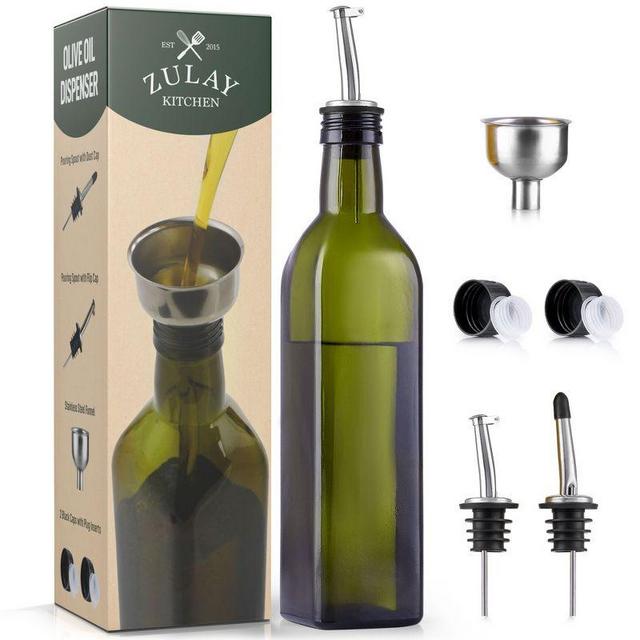 Zulay Kitchen Olive Oil Dispenser Bottle For Kitchen - Glass Olive Oil Bottle With 2 Spouts, 2 Removable Corks, 2 Caps, 1 Funnel