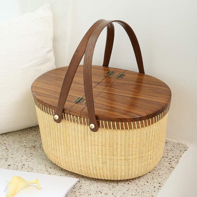 Teng Tian Nantucket Basket Crafts Cane-on-Cane Weave Picnic Basket Shopping Basket Basket Storage Basket Two Swing Handles (Black Walnut Activity Double Open)