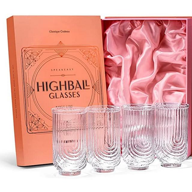 Vintage Art Deco Highball Gatsby Cocktail Glasses | Set of 4 | 16 oz Double HiBall Glassware for Drinking Mojito, Gin Rickey, Whiskey Highball, Classic Long Bar Drinks | Large Tall Tumblers