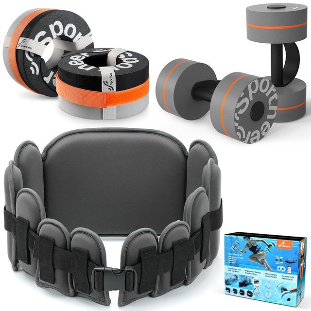 Sportneer Water Aerobics Pool Exercise Equipment New 6-Piece Water Fitness Set Includes High Density Water Weight Swim Belt Water Ankle Weights for Aqua Therapy Pool Fitness Water Exercise