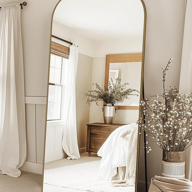 Furnbar Arched Full Length Mirror, 76"x34" Full Body Mirror Freestanding with Carved Metal Frame, Large Floor Mirrors for HomeDecor, Standing Mirrors for Bedroom&Dressing Room, Bronze