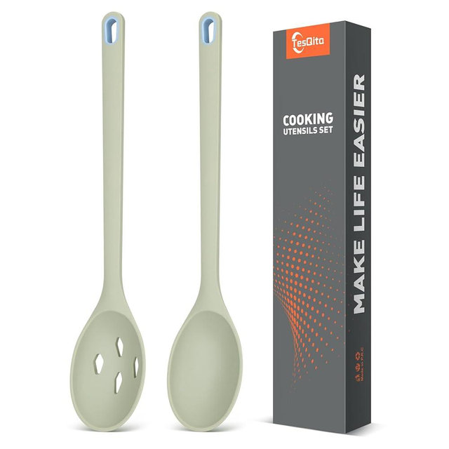 Large Silicone Slotted Spoon&Spoon Utensils Set of 2 for Nonstick Cookware,Kitchen Cooking Spoons for Scooping, Mixing,Serving& Stirring,450°F Heat-Resistant,BPA Free (Green)