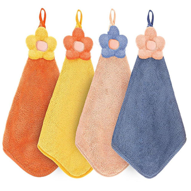 DOPENSPI 4PCS Hand Towels with Hanging Loop, Microfiber Coral Velvet Hanging Hands Dry Towels Super Soft Hangin Hand Towel Quick Dry Cleaning Cloths for Kitchen Bathroom Super Absorbent