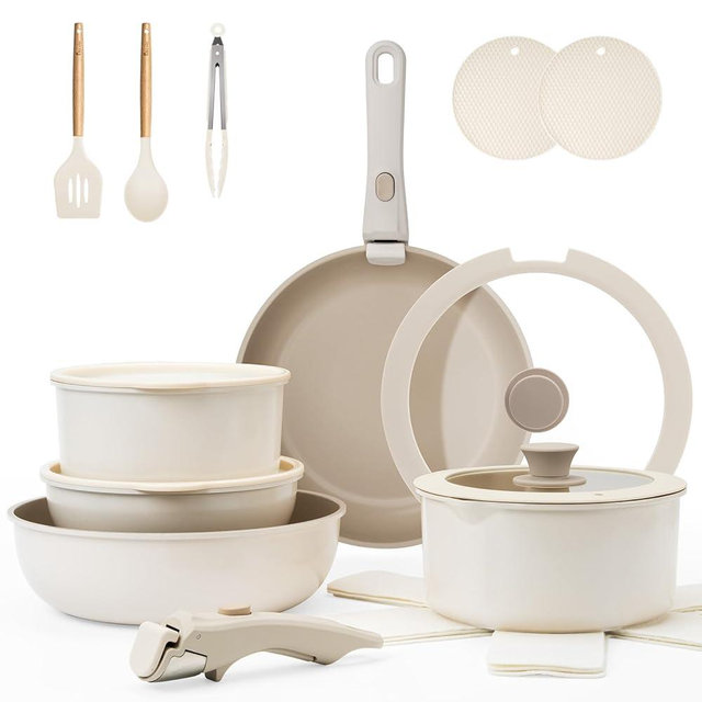 KIKCOIN 20 Pcs Pots and Pans Set Non Stick, Ceramic Cookware Set Detachable Handle, Non Toxic Induction RV Kitchen Cooking Set with Removable Handles, Dishwasher/Oven Safe, Ollas de Cocina